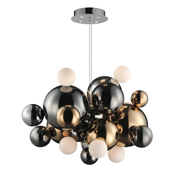 Stormy transforms lighting into art with its billowing cluster of mixed-metal spheres and layered glass globes. The interplay of Black Nickel, French Gold, and Polished Chrome creates extraordinary visual depth, while integrated downlights add functional refinement. A commanding presence for grand spaces.