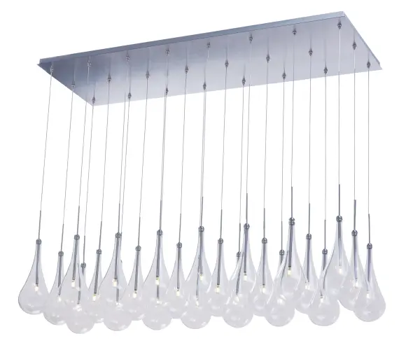 The Larmes LED Linear Pendant makes a dramatic statement with 24 individual clear glass shades suspended in a sleek linear arrangement. Energy-efficient LED technology delivers warm 3000K light across an extended profile, perfect for illuminating large dining tables and kitchen islands with contemporary elegance.