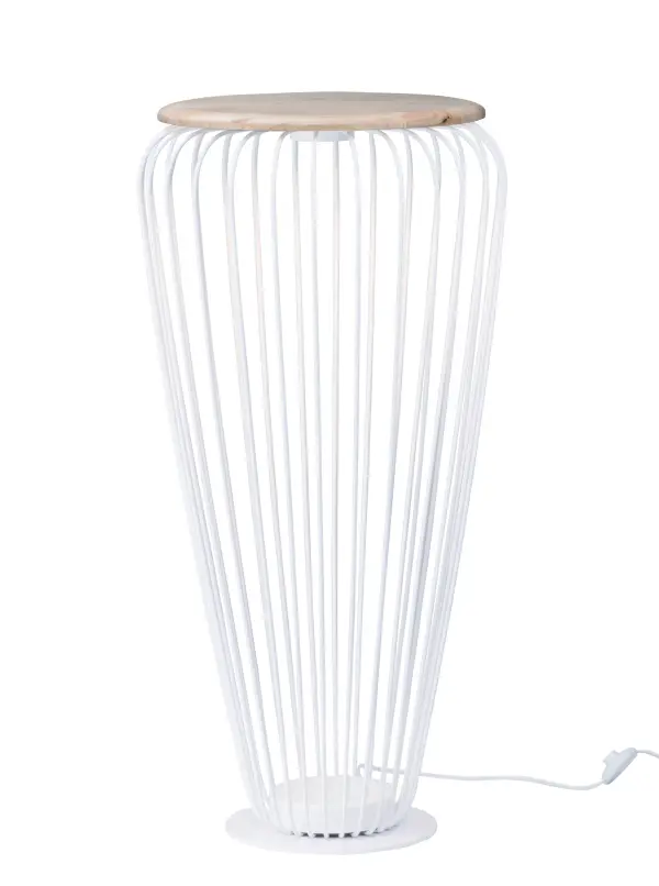 The Cage LED High Table combines heavy-gauge white wire construction with integrated LED lighting for a striking contemporary look. Damp-rated for outdoor use with a wood top accent, it doubles as both functional lighting and decorative furniture.