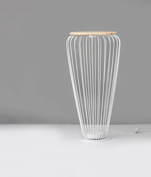 The Cage LED High Table combines heavy-gauge white wire construction with integrated LED lighting for a striking contemporary look. Damp-rated for outdoor use with a wood top accent, it doubles as both functional lighting and decorative furniture. - alternate view
