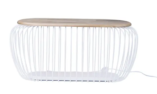 This dual-purpose piece combines seating with ambient LED lighting, featuring a heavy-gauge white wire cage design and wood top. Perfect for creating a statement in outdoor living areas or modern interiors.
