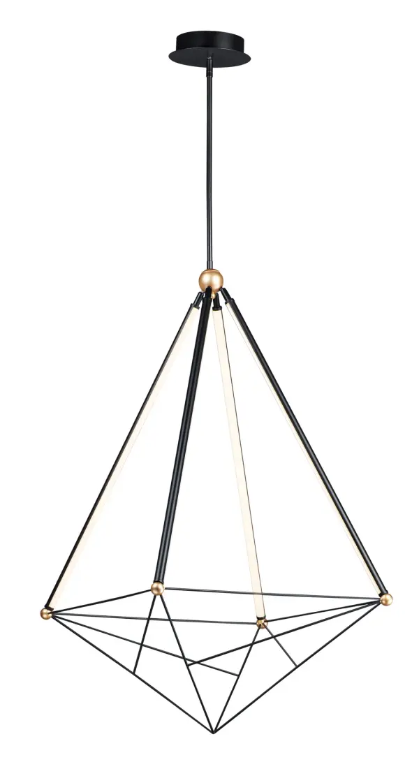 The Spire Extra Large Pendant makes a striking architectural statement with its diamond-shaped geometric design. Black finish with gold accents creates sophisticated contrast while inward-facing LED strips deliver 3100 lumens of warm light.
