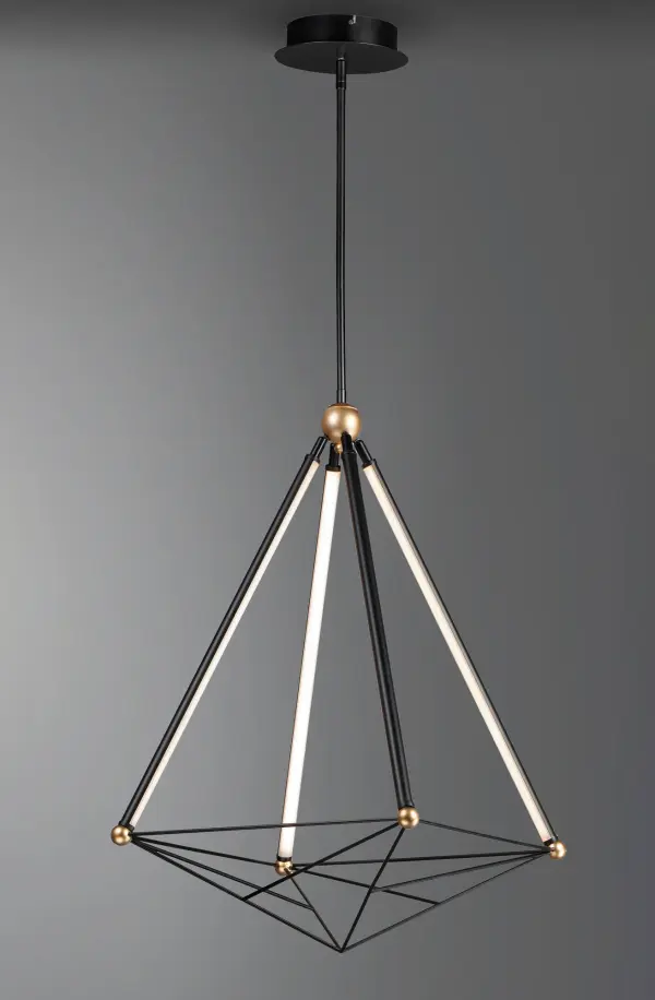 The Spire Extra Large Pendant makes a striking architectural statement with its diamond-shaped geometric design. Black finish with gold accents creates sophisticated contrast while inward-facing LED strips deliver 3100 lumens of warm light. - alternate view