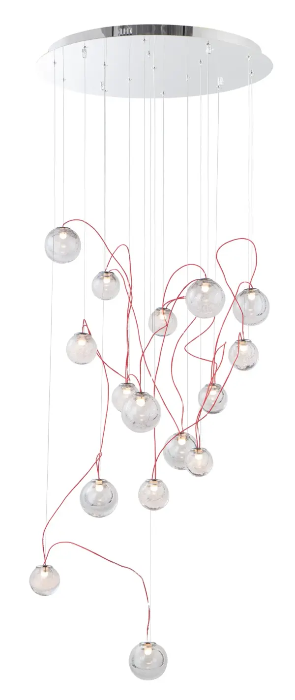 The Bobble pendant creates a galaxy-like artistic statement with 16 LED-lit bubble glass spheres suspended on contrasting red cords. Its polished chrome finish and integrated LEDs deliver modern sophistication for grand spaces.