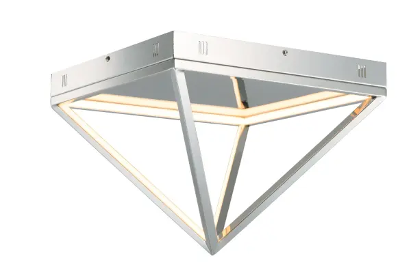 The Pyramid flush mount features striking triangular metal frames in mirror-like polished chrome, housing integrated LED strips that deliver 1960 lumens of warm, comfortable light with excellent color rendering.
