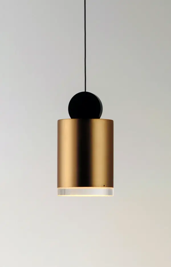 The Nob Mini Pendant combines geometric sophistication with functional LED lighting. Its distinctive handle-topped design in black and gold creates visual interest while the clear acrylic diffuser provides even illumination. - alternate view