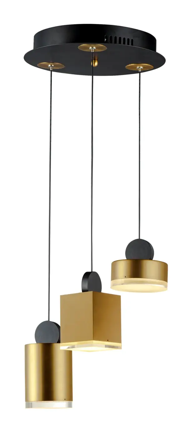 The Nob pendant combines geometric forms with functional LED lighting. Three plated gold housings with black handles and clear acrylic diffusers create a striking sculptural statement when arranged at varying heights.