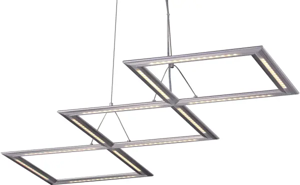 The Helix Linear Pendant delivers bold contemporary style with its parallel tracks and crossed geometric angles in reflective Satin Nickel. Featuring 12 integrated LED lights producing 2957 lumens, this fixture combines technical sophistication with clean minimalist design.