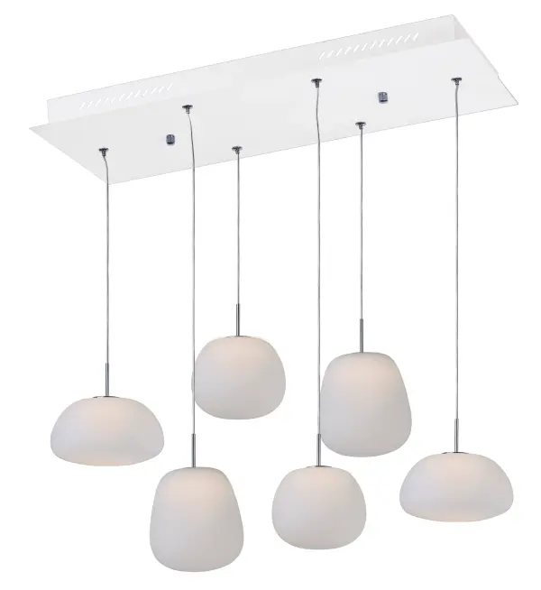 The Puffs pendant features six soft matte white glass shades that evoke clouds drifting through the sky. Integrated LED columns illuminate each shade from within, creating a warm, diffused glow perfect for contemporary dining and living spaces.