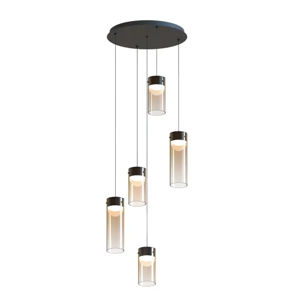 The Highball pendant combines minimalist design with futuristic styling through gradient amber glass cylinders and polished gunmetal finish. LED technology creates a dynamic mirror effect along the glass length, offering 1800 lumens of warm 3000K light.