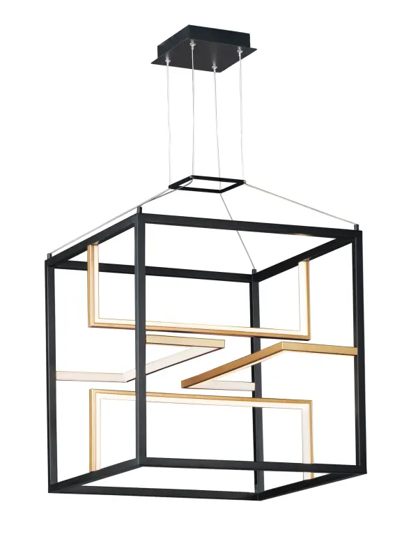 The Chamber pendant delivers dramatic visual impact through its unique geometric design. Black blocks frame contrasting gold U-shaped structures housing integrated LED, creating an architectural focal point that illuminates from multiple angles.
