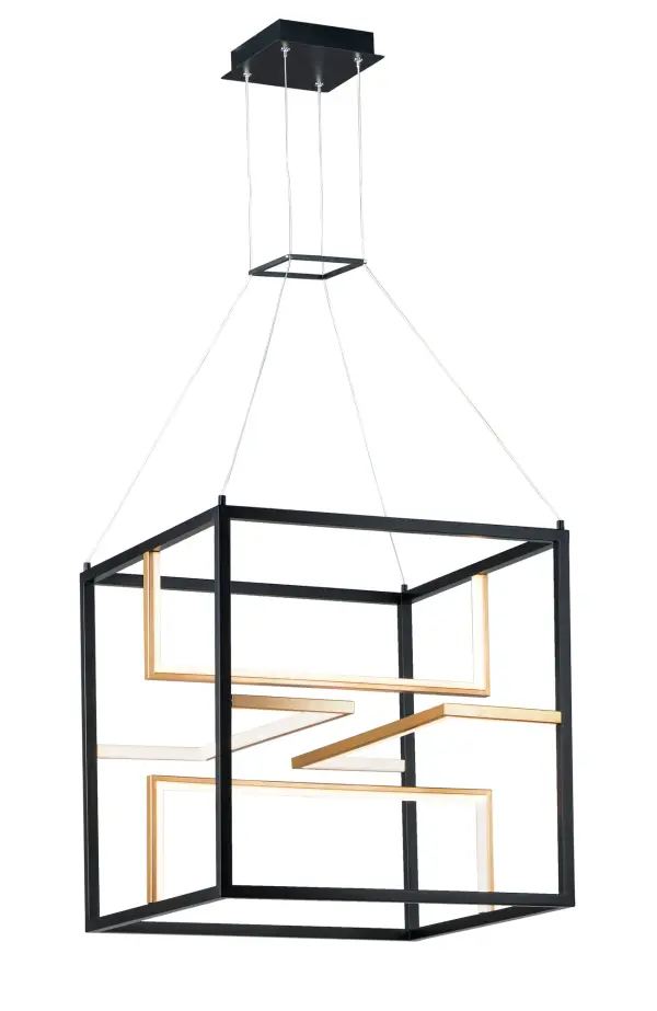 The Chamber LED Pendant delivers dramatic visual impact through its unique geometric design. Black blocks frame contrasting gold U-shaped structures that house integrated LEDs, creating an architectural focal point that illuminates from multiple angles.