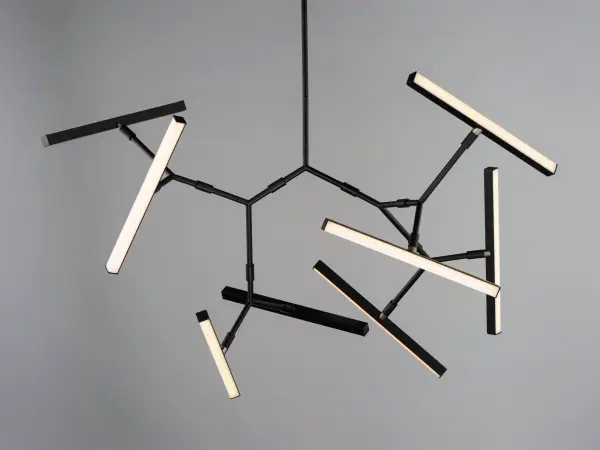 The Robotica pendant combines form and function with rotating, pivoting arms that direct light exactly where needed. Its dramatic black finish and V-shaped acrylic diffusers create striking visual interest while delivering 3920 lumens of warm LED light. - alternate view