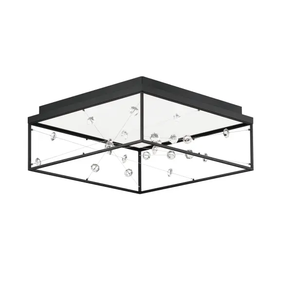 The Entanglement flush mount transforms a practical ceiling fixture into an artistic statement. Wire and crystal suspended within a black box frame create visual intrigue while LED illumination highlights crystal iridescence.