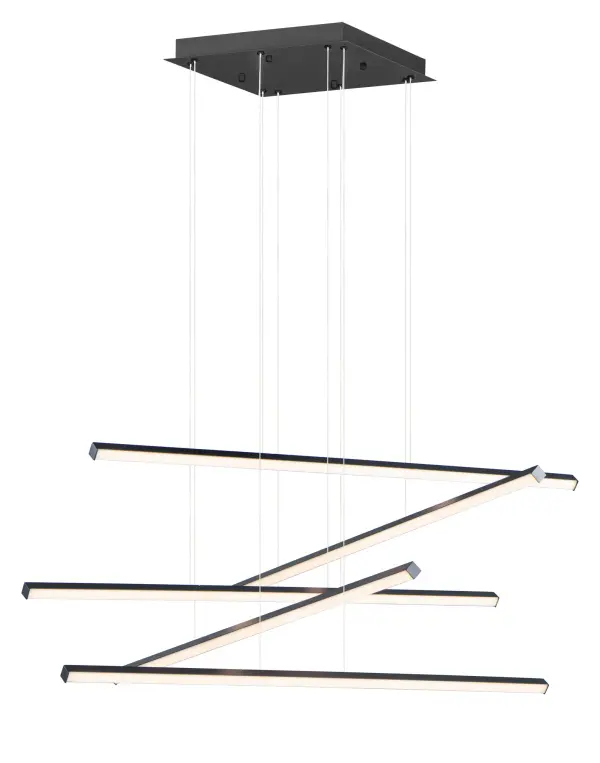 The Hover pendant features minimalist aluminum batons with V-shaped acrylic diffusers that create a wider light distribution. Its modular design allows for creative arrangements, making it a unique sculptural statement piece.