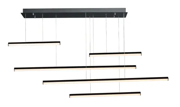 The Hover pendant features minimalist aluminum batons with V-shaped acrylic diffusers that create a wider light distribution. Its modular design allows for creative arrangements, making it a unique sculptural statement piece.