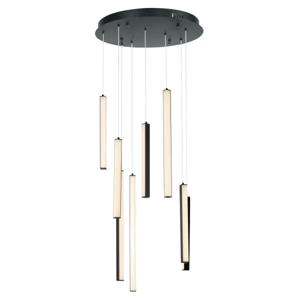 The Hover pendant features minimalist aluminum batons with V-shaped acrylic diffusers that create a wider light beam. Its modular design allows for creative arrangements, making it a unique sculptural statement piece for contemporary spaces.