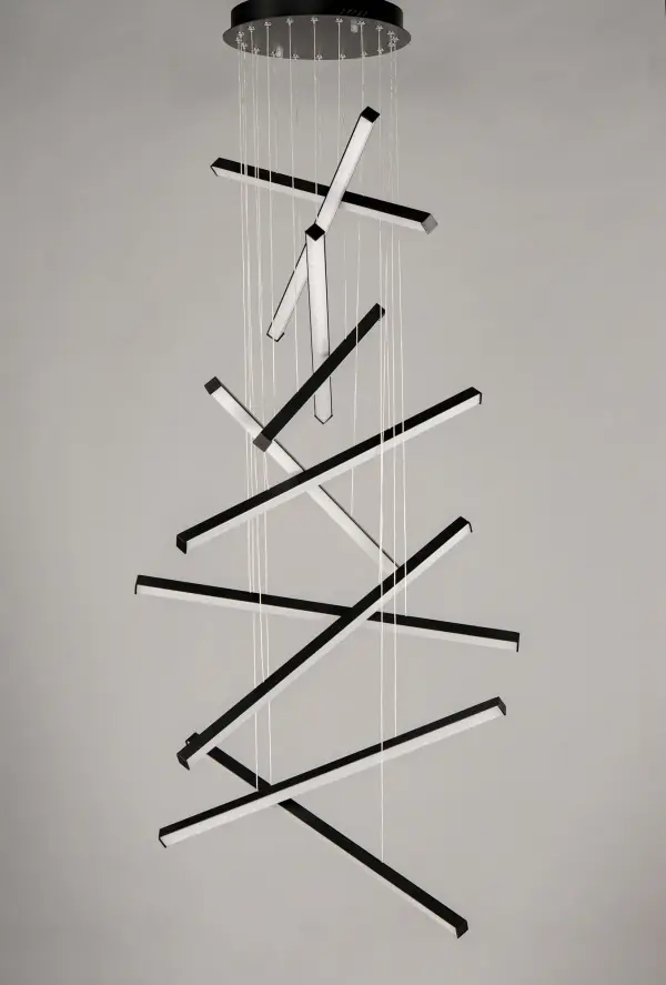 The Hover Multi-Light Pendant features minimalist aluminum batons with V-shaped acrylic diffusers that create a striking architectural statement. Its modular design allows for creative arrangements, making it perfect for contemporary spaces seeking a unique focal point. - alternate view