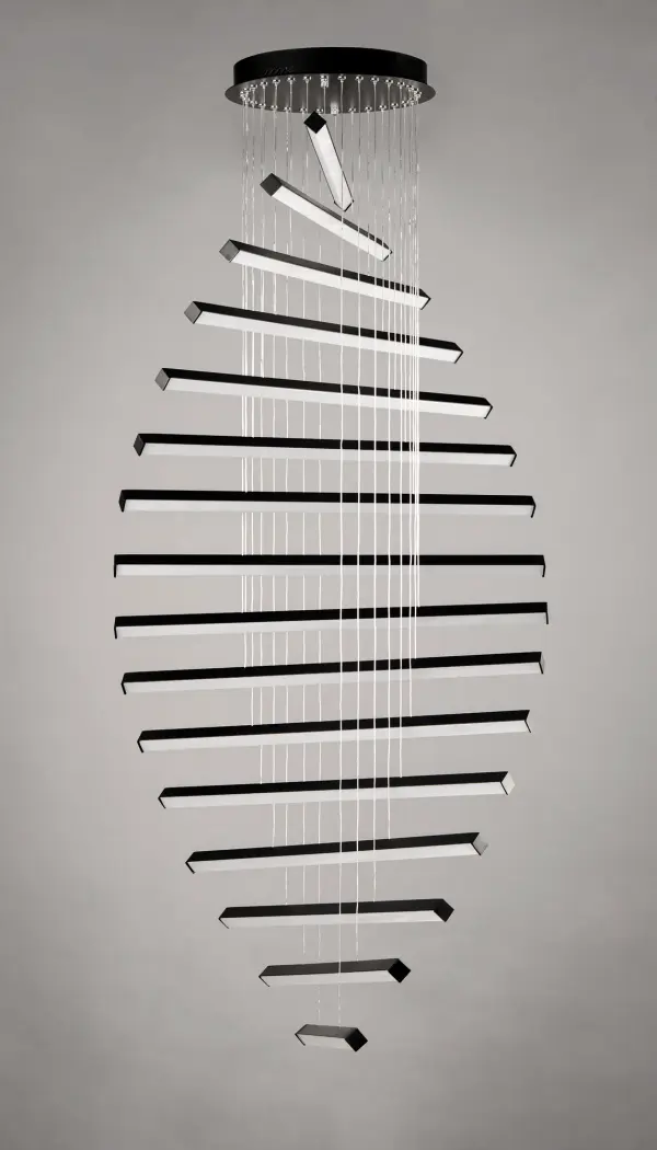 The Hover pendant transforms lighting into art with 16 minimalist aluminum batons that can be arranged in countless configurations. V-shaped acrylic diffusers provide wide, even illumination while the modular design lets you create a unique sculptural statement. - alternate view