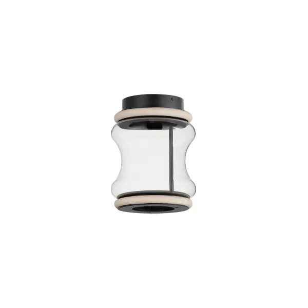 The Syndicate LED Flush Mount combines contemporary industrial style with artisanal craftsmanship. Featuring segmented LED rings and hand-blown hourglass glass shades in Matte Black, it delivers 720 lumens of warm 3000K light.