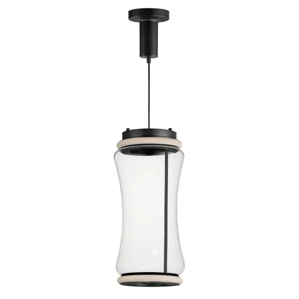 The Syndicate pendant combines hand-blown hourglass glass shades with bright LED rings in Matte Black. Its undulating pattern and transparent glass create visual interest while providing efficient LED illumination.