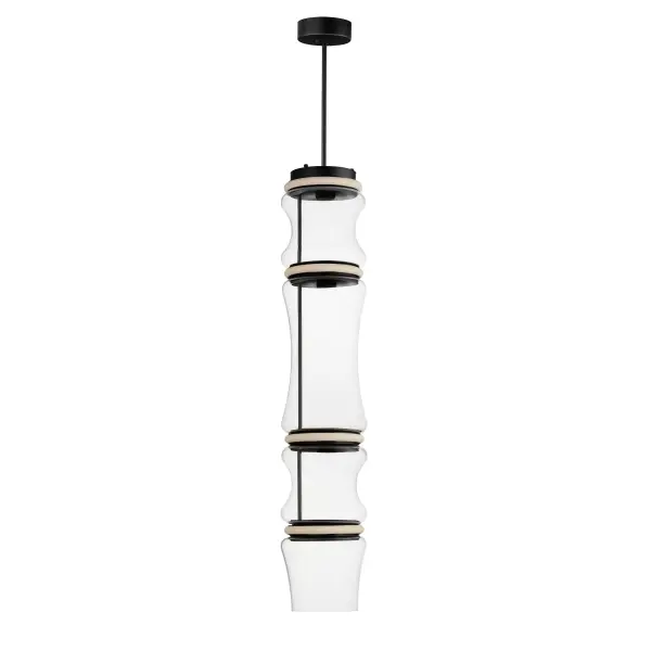 The Syndicate 4-Light Pendant combines hand-blown hourglass glass shades with bright LED rings in Matte Black, creating an undulating sculptural statement. High CRI 90 LED technology delivers excellent color rendering with 1350 lumens.