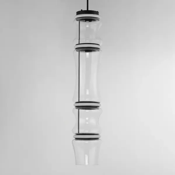 The Syndicate 4-Light Pendant combines hand-blown hourglass glass shades with bright LED rings in Matte Black, creating an undulating sculptural statement. High CRI 90 LED technology delivers excellent color rendering with 1350 lumens. - alternate view