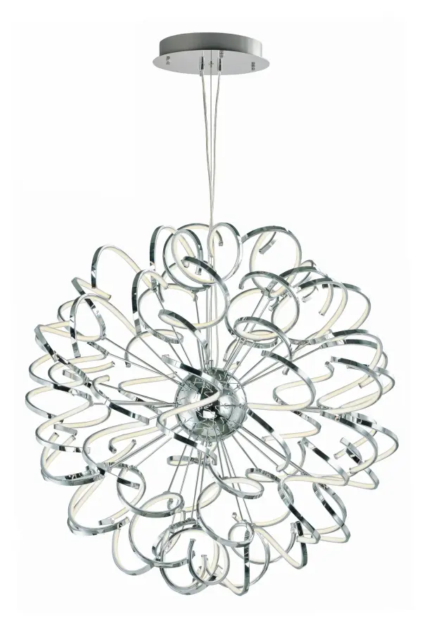 The Chaos pendant makes an unforgettable impression with its corkscrew configuration of polished chrome bands surrounding integrated LED strips. At 40 inches and 12,500 lumens, this fixture commands attention in grand spaces.