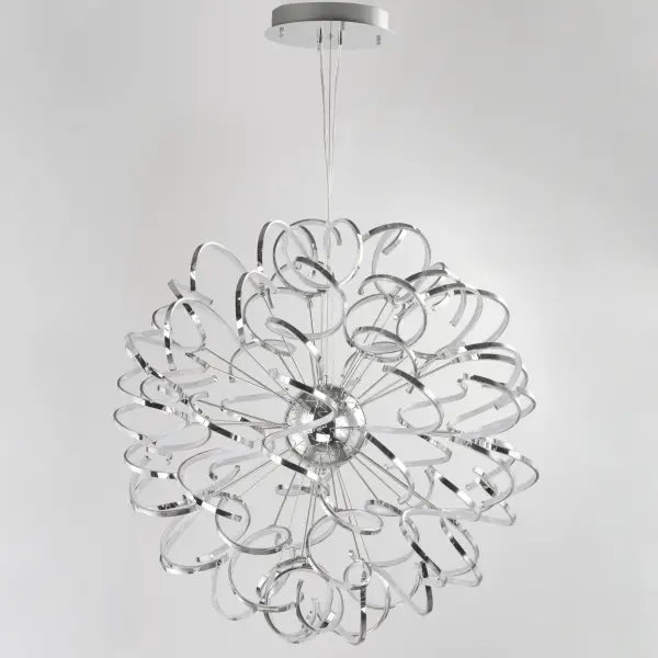 The Chaos pendant makes an unforgettable impression with its corkscrew configuration of polished chrome bands surrounding integrated LED strips. At 40 inches and 12,500 lumens, this fixture commands attention in grand spaces. - alternate view