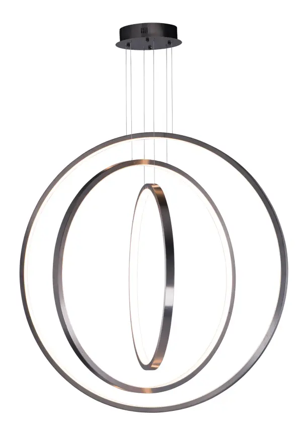 The Brim Suspension Pendant makes a bold architectural statement with three rings of integrated LED spheres in brushed gunmetal. Delivering 9000 lumens, this fixture illuminates large, hard-to-reach areas with modern sophistication.