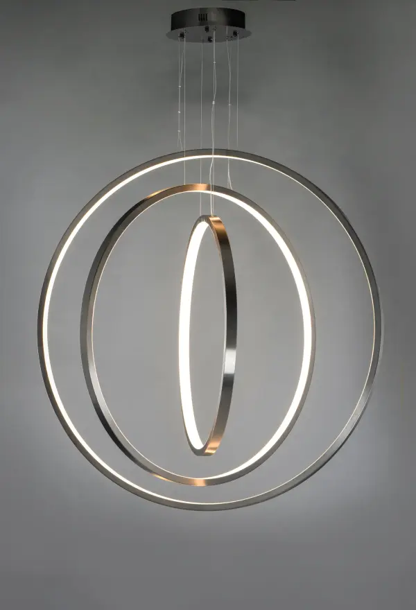 The Brim Suspension Pendant makes a bold architectural statement with three rings of integrated LED spheres in brushed gunmetal. Delivering 9000 lumens, this fixture illuminates large, hard-to-reach areas with modern sophistication. - alternate view