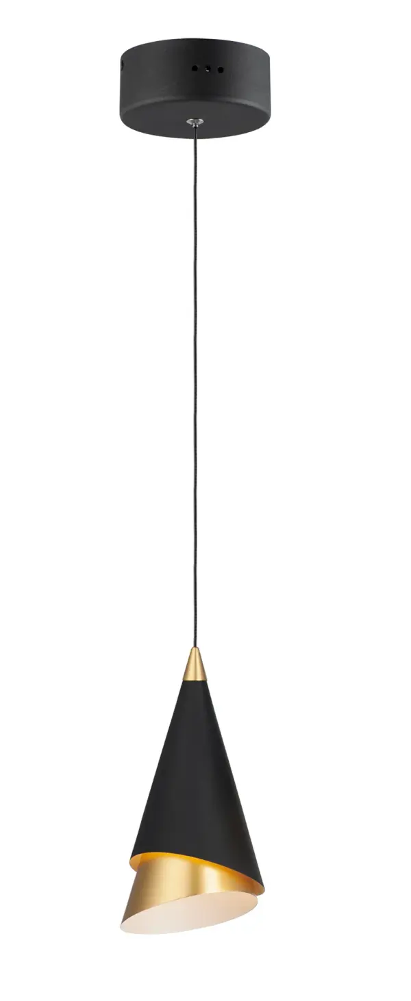The Mermaid Mini Pendant offers a distinctive two-piece design with a matte black outer shade and metallic gold inner shade that rotates for customizable looks. The frosted glass diffuser softly illuminates with integrated LED.