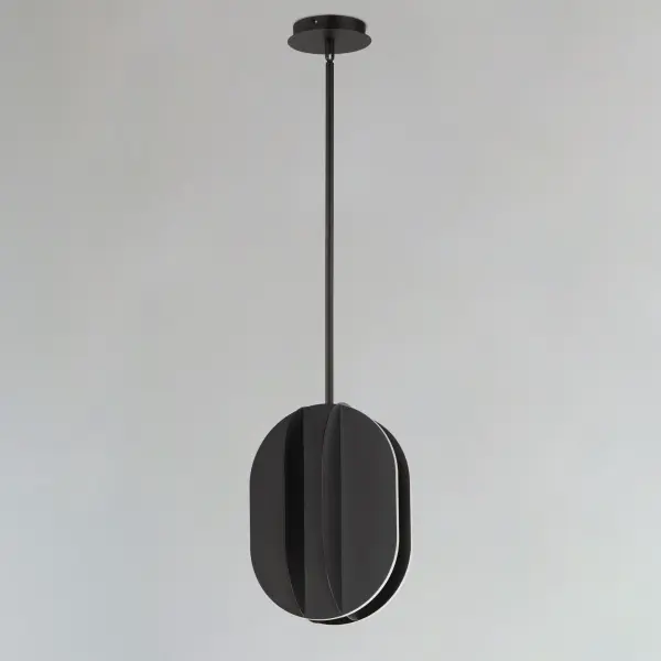 The Interval pendant features intersecting elliptical panels with integrated LED strips creating a striking sculptural statement. Its contemporary design and functional downlight make it perfect for modern spaces requiring both ambient and task lighting. - alternate view