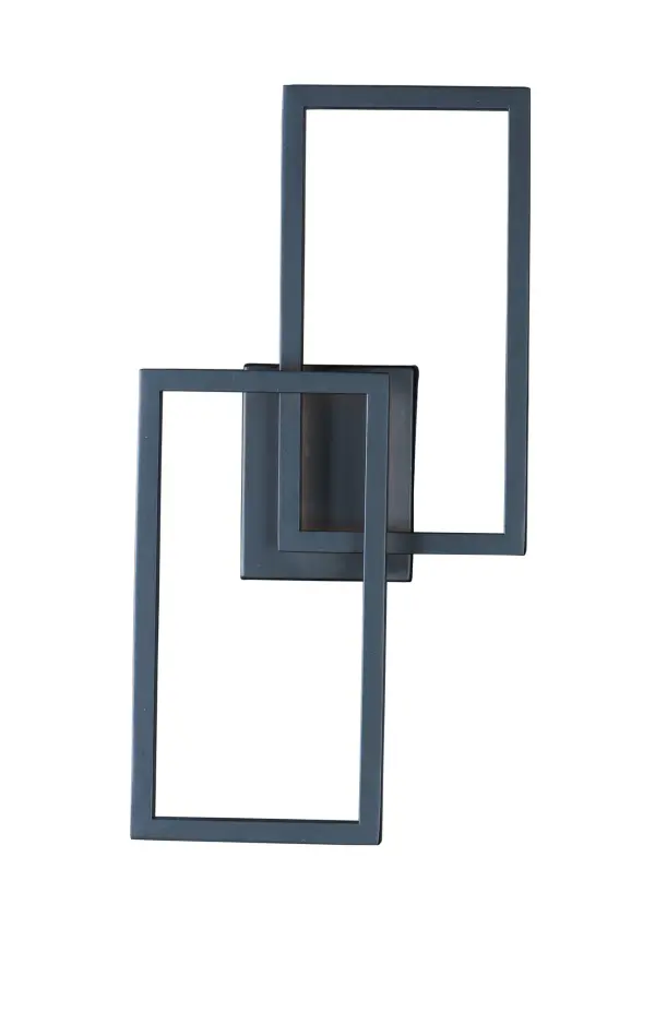 The Traverse LED outdoor wall sconce features a striking geometric design with layered squares creating an architectural lighting sculpture. High-output LED technology delivers 2120 lumens of warm 3000K light through a white acrylic lens for even, economical outdoor illumination.