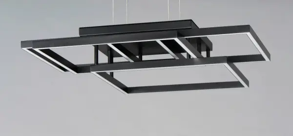 The Traverse LED pendant creates a striking architectural focal point with its layered geometric squares. High-output 5500 lumen LED provides exceptional illumination for large spaces while the sculptural design adds contemporary drama. - alternate view