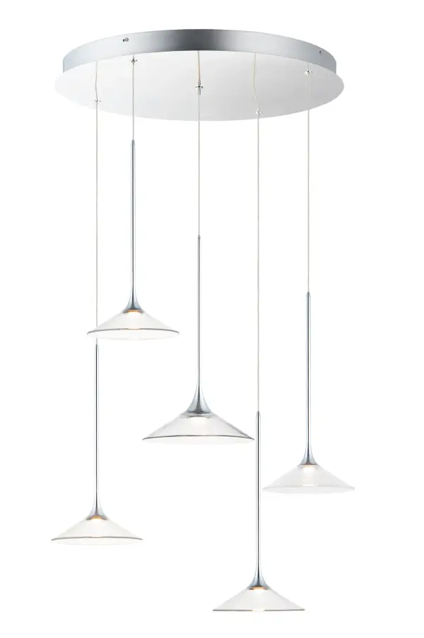 The Cono pendant delivers crisp, modern illumination through crystal clear acrylic cones and polished chrome stems. Its integrated LED design provides energy-efficient lighting with a clean aesthetic perfect for contemporary spaces.