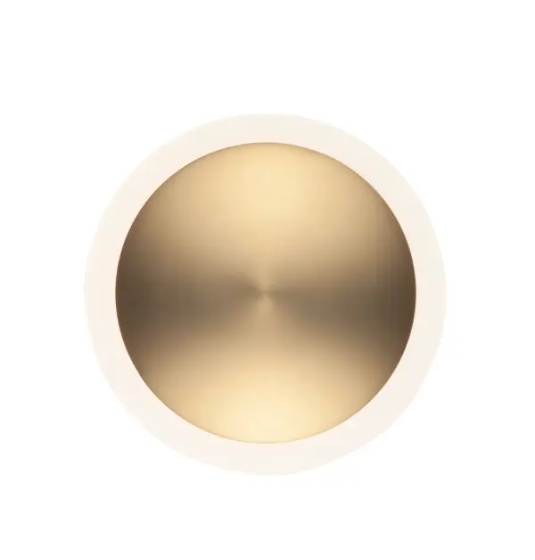 The Saucer Wall Sconce brings a bold, contemporary aesthetic with its floating gold disc design and frost acrylic border. LED-illuminated and dramatically suspended from black hardware, this fixture becomes an instant focal point.