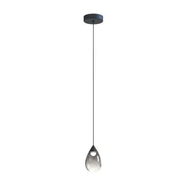 The Dewdrop Mini Pendant features a teardrop-shaped blown glass shade with mirror smoked finish that beautifully diffuses integrated LED light. Its compact size and cord suspension make it ideal for task lighting or clustered installations.