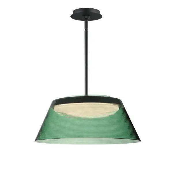The Jensen pendant combines tapered ribbed glass with a sleek matte black frame for a contemporary look. Its integrated LED delivers 1260 lumens with minimal glare, while the acrylic diffuser ensures soft, even illumination perfect for task and ambient lighting.
