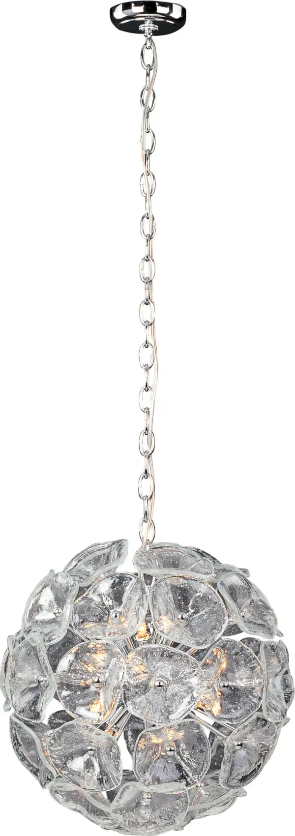 The Fiori pendant combines contemporary design with artisanal Murano glass craftsmanship. Its floral sphere of hand-formed crystal petals creates a dramatic focal point with exceptional light diffusion, perfect for upscale residential and hospitality spaces.
