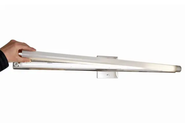 The Wand LED vanity light combines minimalist styling with practical LED technology. Its clear and white acrylic diffusers on polished chrome create a sleek, modern look perfect for contemporary bathrooms. - alternate view