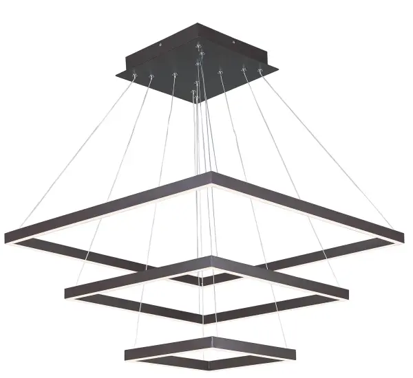 The Quad 3-Tier LED Pendant transforms lighting into kinetic art with suspended aluminum squares in warm Bronze finish. High-powered dimmable LEDs deliver 7000 lumens while adjustable connectors allow multiple configurations.
