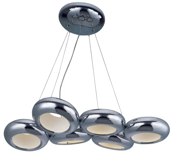 The Donuts chandelier combines retro-industrial charm with modern LED technology. Six floating chrome rings create dramatic visual interest while indirect lighting eliminates glare. Perfect for contemporary spaces seeking statement lighting.