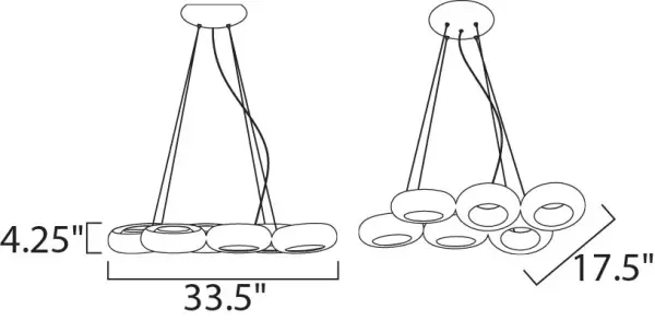 The Donuts chandelier combines retro-industrial charm with modern LED technology. Six floating chrome rings create dramatic visual interest while indirect lighting eliminates glare. Perfect for contemporary spaces seeking statement lighting. - alternate view