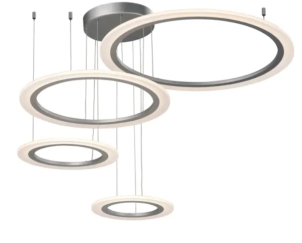 The Saturn II LED pendant features horizontal acrylic diffusers suspended by matte silver metal rings, creating a striking contemporary statement. With 3950 lumens of warm LED light, it delivers excellent illumination for both residential and commercial spaces.