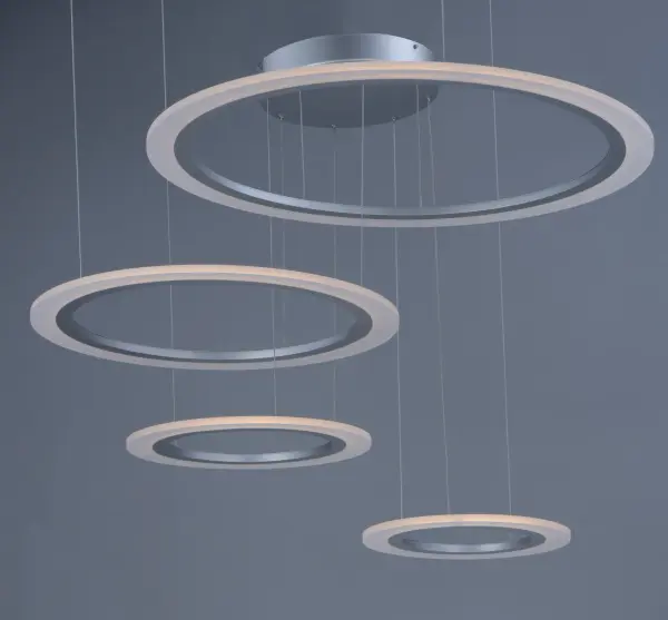 The Saturn II LED pendant features horizontal acrylic diffusers suspended by matte silver metal rings, creating a striking contemporary statement. With 3950 lumens of warm LED light, it delivers excellent illumination for both residential and commercial spaces. - alternate view