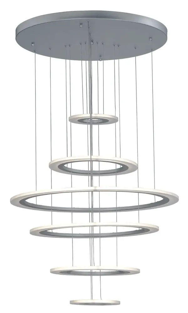The Saturn II LED pendant combines contemporary design with practical LED technology. Six horizontal acrylic diffusers suspended by matte silver rings create a striking visual impact perfect for large-scale residential and commercial spaces.