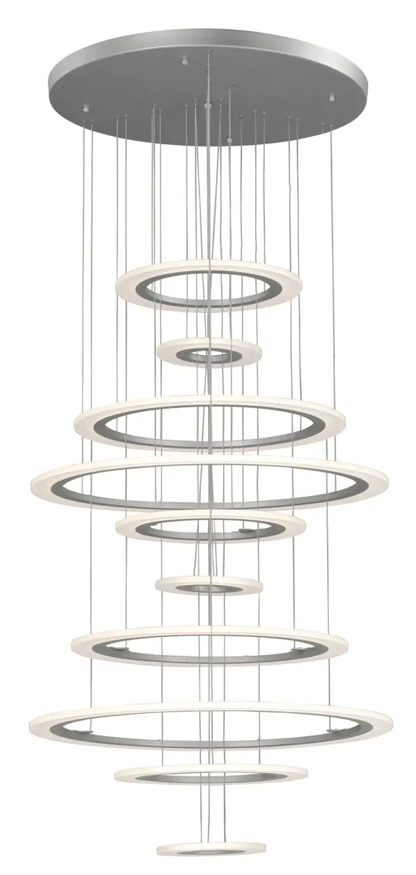The Saturn II LED pendant makes a bold statement with its geometric metal rings and glowing acrylic diffusers. Perfect for large-scale residential and commercial spaces requiring dramatic illumination and modern design.