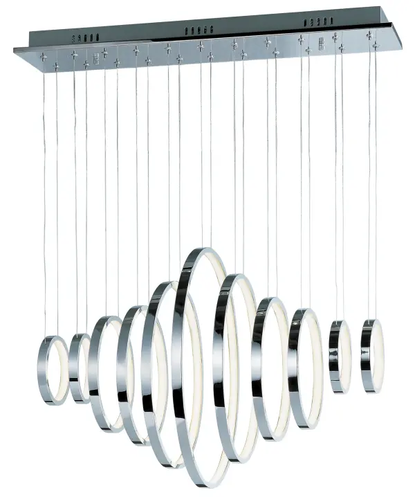 The Hoops LED Linear Pendant features multiple polished chrome hoops with integrated LED strips that create an indirect, ambient glow. Its contemporary design and configurable arrangement make it a striking focal point for modern spaces.