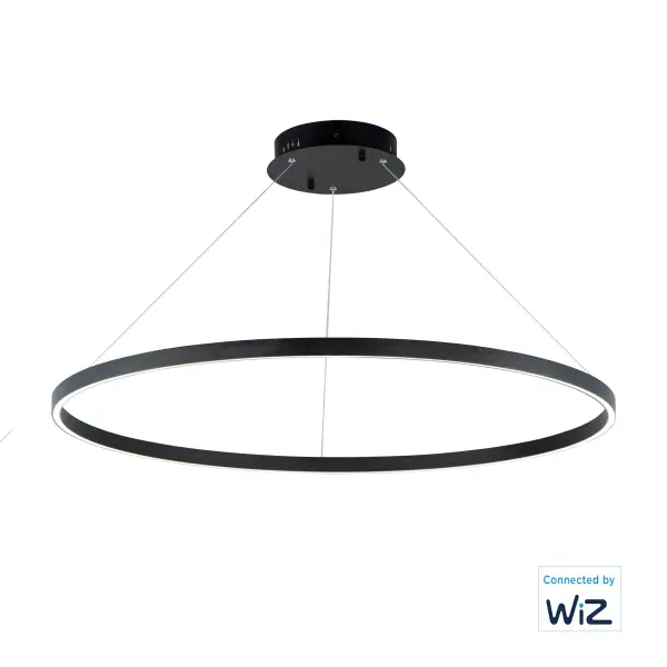 The Groove WiZ combines sleek minimalist design with advanced smart lighting technology. Its 40-inch aluminum ring delivers 2200 lumens of tunable LED light controlled via WiZ app for scheduling, color temperature adjustment, and mood setting.